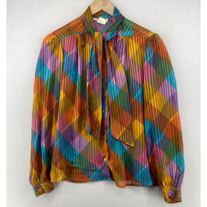 PLYMOUTH! Blouse 10 Sheer Check Button Front Chiffon Shine Tie Neck Orange